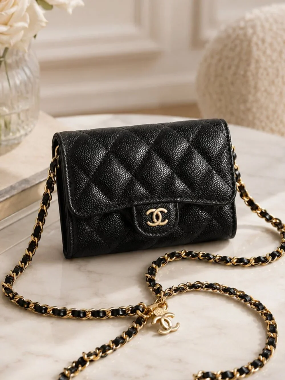 Black Quilted Caviar Leather Mini Flap Card Holder Chain Crossbody Wallet